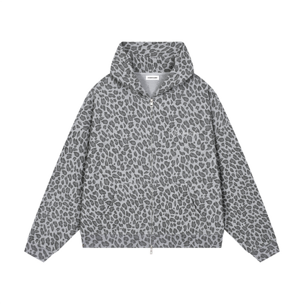 Gray Leopard Print Waffle Full Zip Hoodie